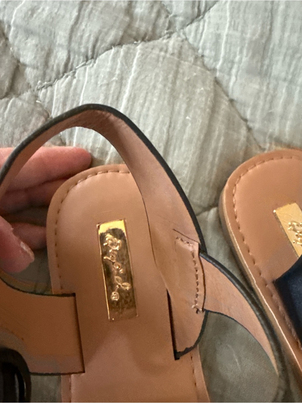 Women’s Tan Leather Slingback Sandals with Gold Accent Plaque